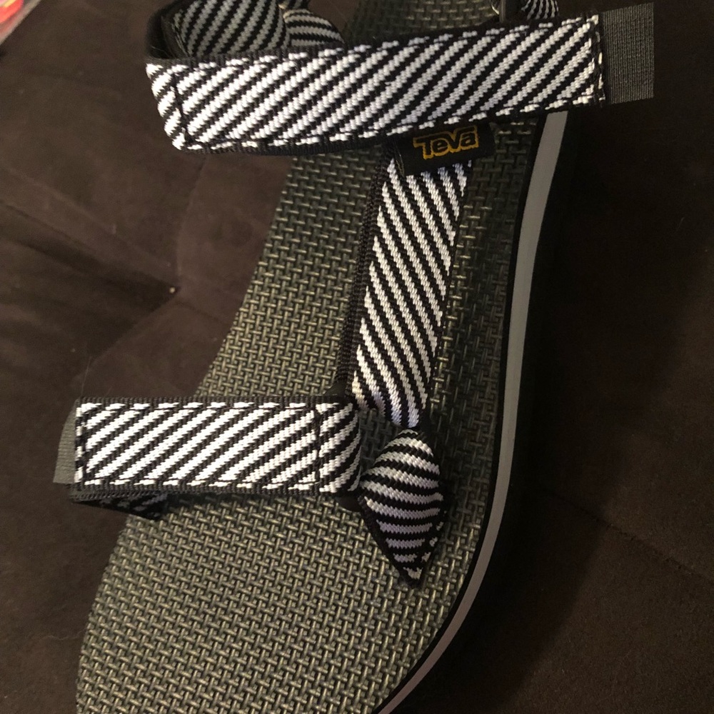black & white teva platforms